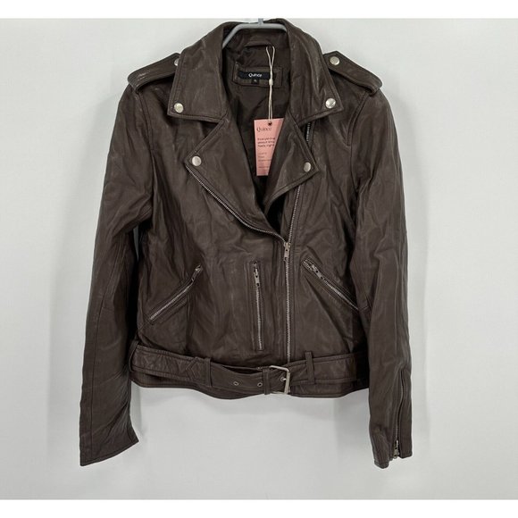 Quince Jackets & Blazers - Quince Women's Brown Leather Motorcycle Jacket Belted sz XL Full Zip NWT